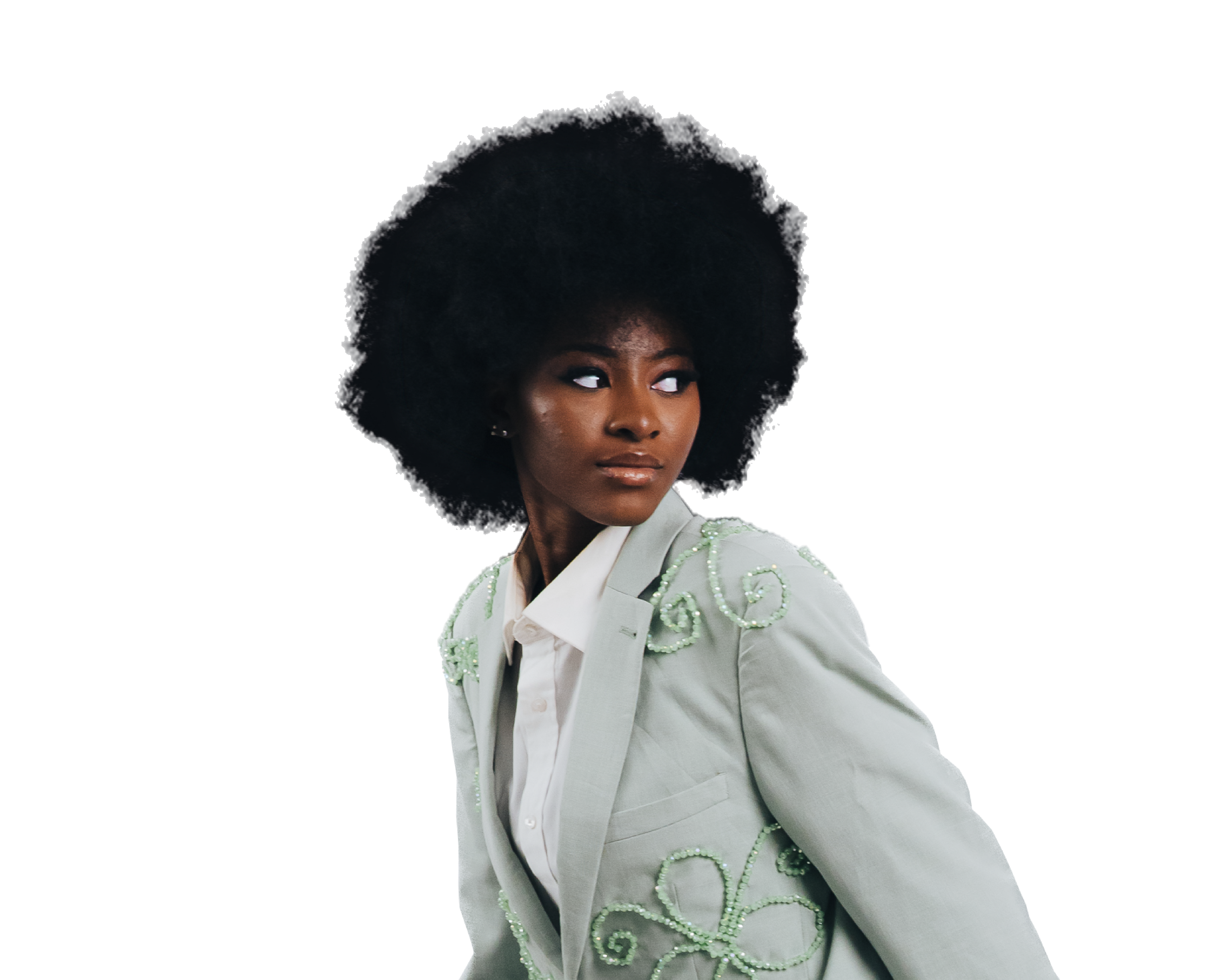 Model in an upcycled embroidered suit